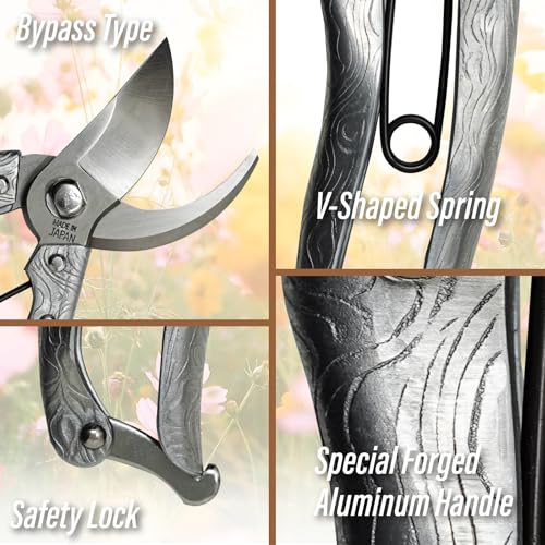 SUIZAN Bypass Pruning Shears 8" - Japanese Hand Pruners Garden Scissors | Professional Secateurs Clippers for Roses Flowers Fruit Trees Deadheading Lightweight Forged Aluminum Handle Gardening Tools - style: 8 Inch (200mm) Aluminum Handle Pruner