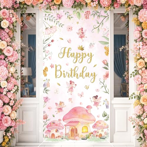 Fairy Birthday Door Cover Banner Decorations Pink Watercolor Fairy Flower Mushroom Happy Birthday Backdrop Backrgound for Girls Women Forest Bday Supplies Baby Shower Decor Photography - color: Birthday
