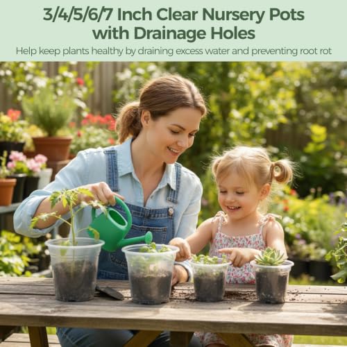 50 Pack 3/4/5/6/7 Inch Clear Nursery Pots with Drainage Holes, Thickened Transparent Plastic Plant Pots, Starter Potting Containers for Observing Root Growth, Indoor & Outdoor Use