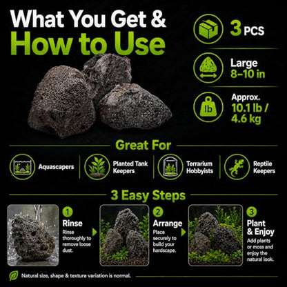 8–10 Inches Natural Black Lava Rocks, 3 PCS Large Aquarium Stones for Aquascaping, Fish Tank Centerpiece Decor, Planted Tanks, Terrariums & Reptile Habitats (Large 8–10 in) - size: Large 8–10 in