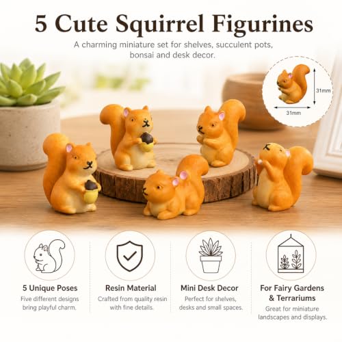 6 Pcs Mini Figurines, Resin Cartoon Garden Ornaments, Micro Landscape Accessories for Fairy Garden, Succulent Pots, Terrarium, Bonsai, Desk Shelf Decor (5pcs Squirrels) - style: 5pcs Squirrels