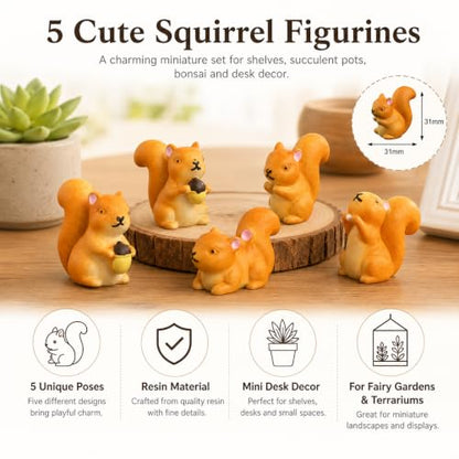 6 Pcs Mini Figurines, Resin Cartoon Garden Ornaments, Micro Landscape Accessories for Fairy Garden, Succulent Pots, Terrarium, Bonsai, Desk Shelf Decor (5pcs Squirrels) - style: 5pcs Squirrels