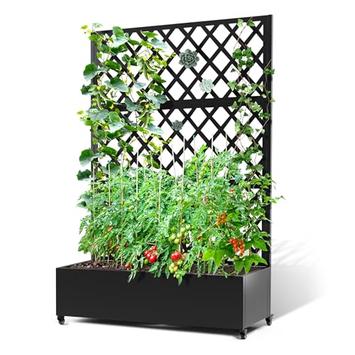 TUYOHW Metal Planter Box with Trellis, Raised Garden Bed with Privacy Screen, Outdoor Planter Box for Climbing Plants, Vine Support Flower Bed with Drainage Holes for Garden, Patio, Balcony - color: Black-diamond-47"w, size: 71"x47"x16"