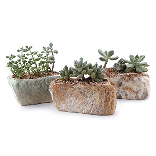 T4U 5.5 Inch Ceramic Succulent Pot Planter with Drainage Hole Set of 3, Stone Shape Rectangle Window Box Cactus Plant Containers Gift for Mom Sister Aunt Best for Home Office Table Desk Decoration | Realistic Stone Look Design, Lightweight and Durable, Dr
