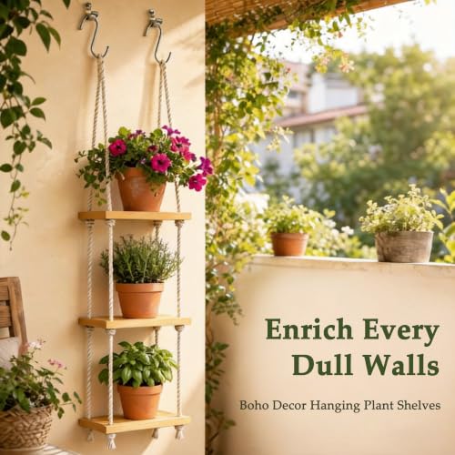 Window Plant Shelves, 3-Tier Window Shelf for Plants, Hanging Plant Shelf for Windows, Painted Wood Window Sill Shelf for Plants, Macrame Plant Hanger, Boho Decor for Living Room Bedroom Wall