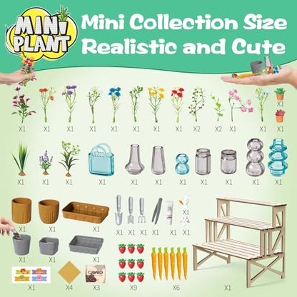 70 PCS Make It Miniature Nature Garden Plants Set - DIY Botanical Collectibles Craft Kit W/ Wood Display Stand - Tiny Paper Flower Bouquet, Succulents & Bonsai Decor - Creative Gift for Kids & Adults