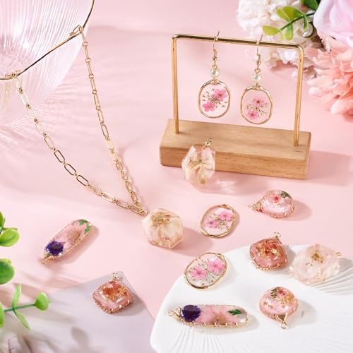 Natural Dried Pressed Flower Charms Geometric Shape Dried Flower Resin Charms Epoxy Resin Floral Pendants for DIY Crafts Necklace Earring Keychain Jewelry Making - color: Pink