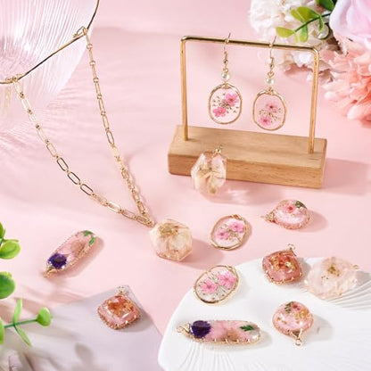 Natural Dried Pressed Flower Charms Geometric Shape Dried Flower Resin Charms Epoxy Resin Floral Pendants for DIY Crafts Necklace Earring Keychain Jewelry Making - color: Pink