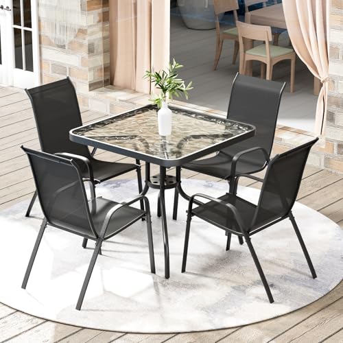 Arlopu 5 Pieces Outdoor Patio Dining Set, Glass Table and Textilene Chair | Stackable Chairs for Saving Space, 30"X30" Table with Metal Frame, 1.69" Umbrella Hole, All Weather for Backyard, Poolside - color: Black
