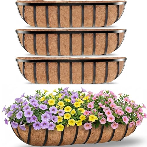 HFHOME 30" Deck Railing Planter Box with Horse Trough Coco Liners, Black Window Box Metal Hanging Flower Planters Baskets for Indoor, Outdoor, Balcony, Porch, Fence, Patio, and Lawn (Set of 4) - size: 30 Inch 4-Pack Classic-Pattern
