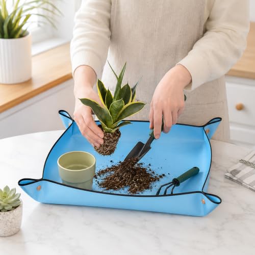 Waterproof Plant Repotting Mat for Indoor Gardening,Foldable Potting Mat,13" x 13" Square Transplanting Pad with Copper Buckles for Mess Control,Blue - color: Blue, size: 13" x 13"