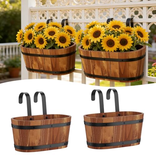 Railing Planters, 2‑Pack Hanging Flower pot, plant window hanger Bucket Pot - color: Brown-2pack, size: Small