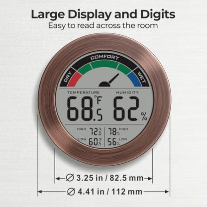 Digital Hygrometer Indoor Thermometer, Brushed Metal Frame, Bronze | Large round display, clear digits, accurate readings, comfort gauge, humidity meter, room temperature and humidity monitor - color: Bronze