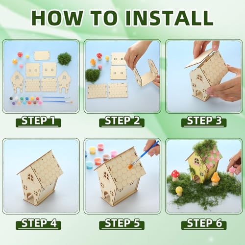 DoubleFill 10 Sets Wooden Fairy House Craft Kit for Kids - Classroom DIY Fairy Garden with Paints & Decorations - School Arts Crafts & Birthday Gift for Children Activity Party Decor (Classic Style)