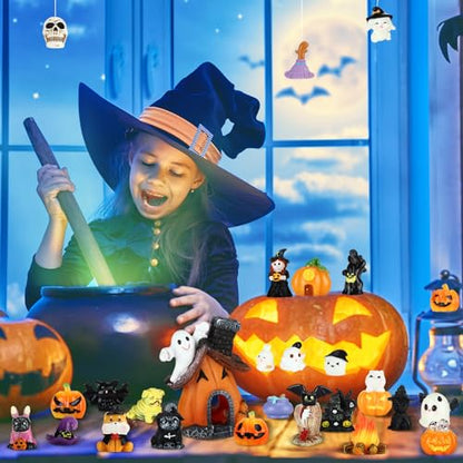 Poen 36 Pcs Halloween Miniature Figurine Resin Halloween Garden Accessories | Pumpkin Ghosts Tombstones, Resin Figurines for Fairy Garden， Mini Ornament Kit， Village Desktop, Table Centerpiece Kit