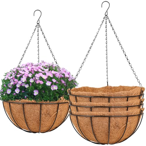 HKZ Hanging Basket Planter Plants Outdoor - 4 Pack 14 Inch Metal Hanging Planter with Coco Liners, Chain Hook Hanging Flower Pots for Indoor Outdoor Garden Porch Decoration - size: 14 Inch