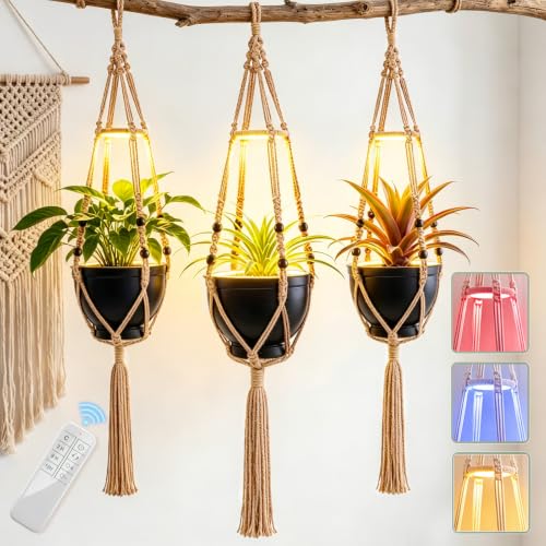 Huquary 3 Pack Macrame Plant Hanger with Grow Light Hanging Planter Basket Flower Holder and Hanging Remote Grow Lights for Indoor Plants Suitable for Different Size Pots(Brown) - color: Brown