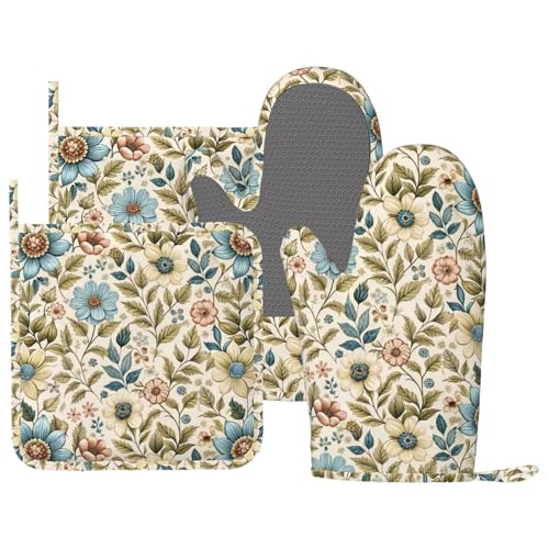 Boho Wildflower Floral Oven Mitts and Pot Holders for Heat Resistant Vintage Wildflower Floral Silicone Oven Mittens and Potholders Gloves Hot Pads for Kitchen Cooking Baking Grilling BBQ - color: Beige Blue