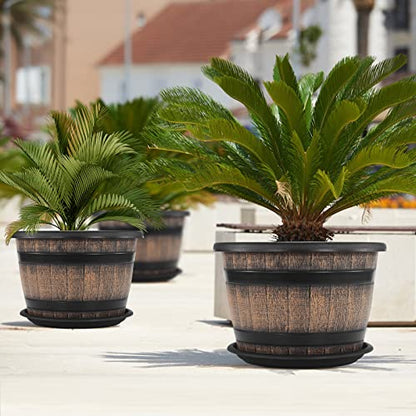 Quarut Large Plastic 3 Pack16 inch Plant Pots,Whiskey Barrel Planters with Drainage Holes & Saucer.Flower Pots Imitation Wine Barrel Design for Indoor & Outdoor Garden Balcony Plants.7 Gallons(Brown) - size: 16 inches