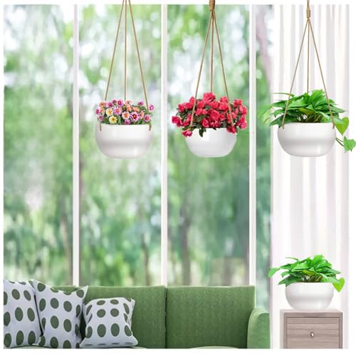 Ceramic Hanging Planters for Indoor Outdoor Plants,8 in Modern Plant Pot Round Porcelain Hanger Basket with Rope Hanging Plant Holder Drainage Flower Pot for Herbs Ferns Ivy Pothos,White