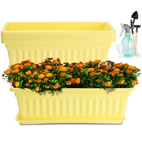 6 Pcs Window Box Planter, 17" Rectangular Planter Box with Saucers, Yellow | Sturdy Plastic Planter Boxes, Outdoor Indoor, Vegetable Flower Pots, for Windowsill, Patio, Porch, Garden Balcony, Gardening - size: Yellow - 6 pack