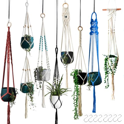 8-Pack Boho Plant Hanger, Macrame Pot Holder,Hanging Planter/Indoor/Balcony/Window Decoration Length 39" (Not Pot and Plant Included) - color: Beige Red Black Blue
