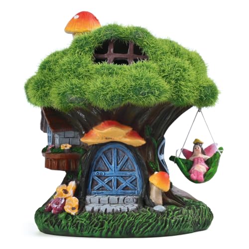 TERESA'S COLLECTIONS Fairy House Solar Light Green Moss Resin Statue 8" | Solar-powered fairy house with swing | Outdoor resin decor for garden, yard, patio | Great gift for every occasion - size: Medium