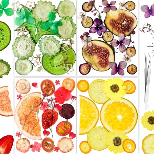 70PCS+ Nature Dried Pressed Fruits Flowers for Resin Mold, Real Dry Pressing Floral Set for DIY Jewelry Making Nail Card Scrapbook Art Craft Fruits Style - color: Bright Fruit