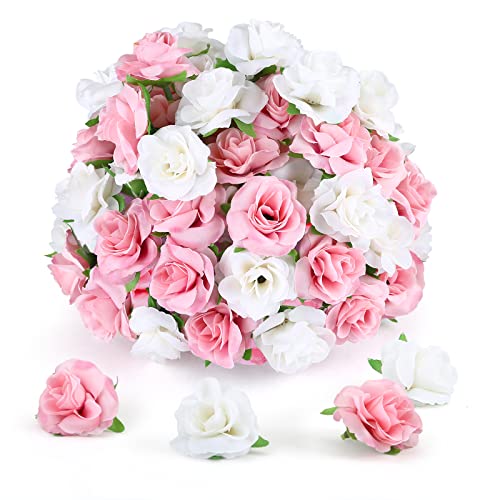 Yinsun 50pcs Mini Roses, 1.57" Silk Artificial Flower Heads, Pink and White - color: Pink and White, size: 1.57 Inch
