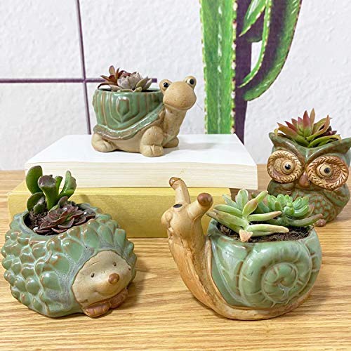 Small Ceramic Succulent Pot with Drainage, Animal Succulent Planter, 4.4 Inch Flower Pots, for Flower, Cactus, Mini Succulent Plants, Indoor and Outdoor use, Set of 4 Garden Gift