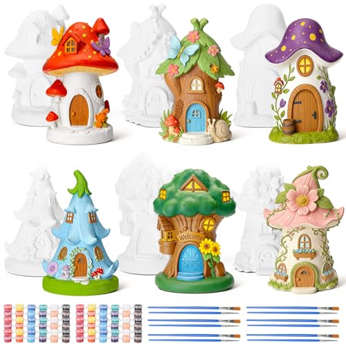 Thyle 6 Set 5 Inch Ceramic Fairy House to Paint Fairy Garden House Craft Kit Paint Your Own Mini Mushroom Houses Statue for DIY Spring Summer Arts and Craft Projects for Outdoor Decor - style: Fairy Garden