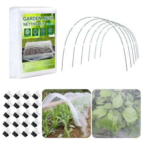 KLEWEE Garden Netting Kit for Raised Beds, 10x33ft Ultra Fine Mesh Netting | 6 Sets Fiberglass Garden Hoops, Garden Bed Row Covers for Plants Vegetables, Garden Netting Pest Insects Bugs Animals Barrier