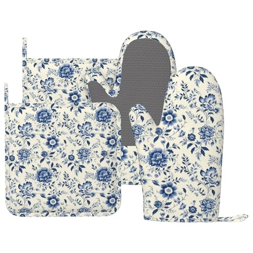 Blue White Chinoiserie Floral Oven Mitts and Pot Holders for Heat Resistant Florals Silicone Oven Mittens and Potholders Gloves Hot Pads for Kitchen Cooking Baking Grilling BBQ - color: Blue