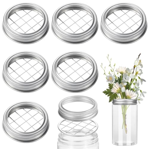 12 PCS Metal Mason Jar Flower Lid Wide Mouth Flower Jar Lid Insert Floral Arrangement Supplies Floral Organizer Lids Insert with Square Grids Arrangement Holder for Regular Mouth Mason Canning Jars