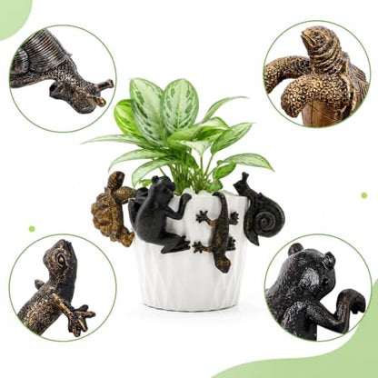 Set of 4 Cute Climbing Animal Flower Pot Hugger Figurines, Small Resin Hanging Frog Tortoise Snail Gecko Statue, Planter Pot Decoration for Home Garden Fence Balcony Patio Lawn Yard Ornaments