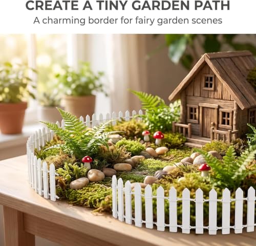 White Miniature Wooden Picket Fence - Decorative Border for Fairy Gardens and Bonsai Displays, Rustic Landscape Accent with Weather-Resistant Design (Indoor/Outdoor Mini Fence Decor)