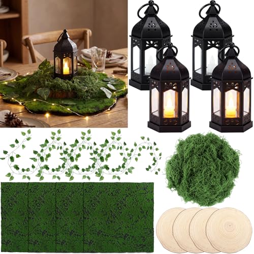 Tuanse 4 Set Living Cave Party DIY Desktop Center Favor Fake Moss Rattan Board Artificial Turf Green Grass Garden Theme Party for Craft Birthday Decorations for Lord of Rings Fans Photo Props