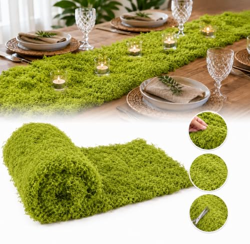 2 Pack Fake Moss Table Runner, Soft Faux Moss Table Runner for Table Decor, Dark Green Artificial Moss Mat Roll for Fairy Garden, Woodland Party, Wedding Centerpieces, DIY Crafts and Home Decoration - color: Light Green+green