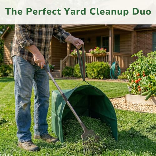 GreatBuddy Leaf Rake and Leaf Bags Combo, Adjustable Metal Garden Rake 29''-72'' 11 Tines, 2 Pack 53 Gallon Reusable Yard Waste Bags, Heavy Duty Lawn Rake with Dustpan Leaf Collector for Yard Cleanup - size: 11 tines & 53 gal 2 packs