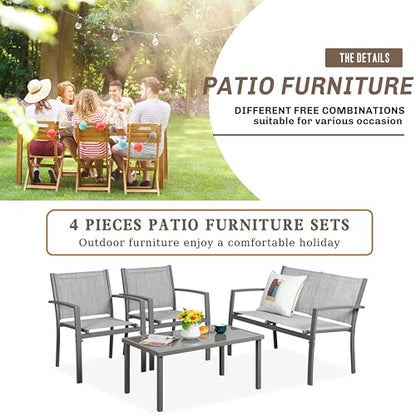 Vongrasig 4 Pieces Patio Furniture Sets,Outdoor Patio Conversation Sets with Glass Coffee Table, Small Porch Balcony Furniture, Patio Table and Chairs Set for Garden, Backyard (Silver) - color: Silver