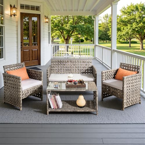 4-Piece Patio Furniture Set, All Weather Rustic Wicker Bistro Set, Outdoor Sofa Loveseat Chairs with Glass Table Conversation Sets for Balcony Porch Lane Garden, Light Gray - color: Light Gray