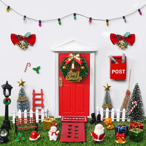 Celltestria 39pcs Red Christmas Elf Fairy Door Decorations Sets | Miniature Figures Wooden Doors Santa Claus Snowman Kit for Xmas Mini Dollhouse Accessories House Room Wall Decor - color: Red