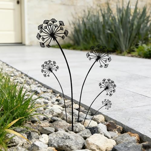 KODIBO 5-Pack Metal Garden Stakes, Black Dandelion Outdoor Yard Art Decor | Outdoor-Resistant Metal, Black Dandelion Silhouette, Matte Powder-Coated, Modern Minimalist Garden Accents for Lawn Patio - color: Black Dandelion: 5-pack