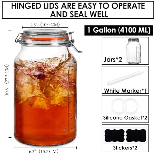 1 Gallon Glass Jars with Lids, 2 Pack Wide Mouth Mason Jars, 138 oz | Airtight Lids, Measurement Marks, Dishwasher Safe, Heavy-Duty Glass Storage Containers for Flour Sugar, Kitchen, Pantry