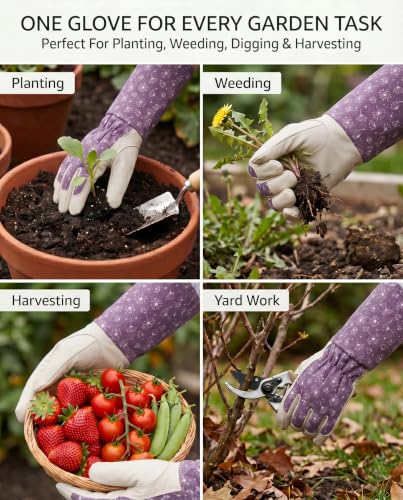 Long Gardening Gloves for Women Men, Thorn Proof Rose Pruning Gloves, Breathable Lightweight Garden Work Gloves - color: Purple