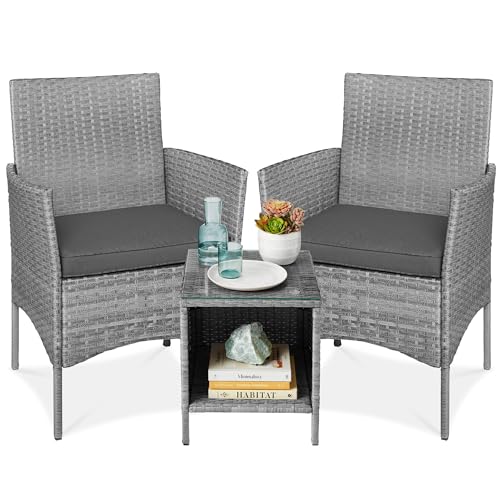 Best Choice Products 3-Piece Outdoor Wicker Conversation Bistro Set, Space Saving Patio Furniture for Garden w/Side Table - Gray/Gray - color: Gray/Gray