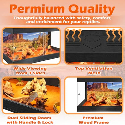 ROYXEN Reptile Tank, 81 Gallons Reptile Enclosure with Lockable Design, Tempered Glass Bearded Dragon Tank for Lizard Habitat, Soild Wood Built-in Sockets (Black, 48"x20"x19.5") - color: Black, size: 48"x20"x19.5"