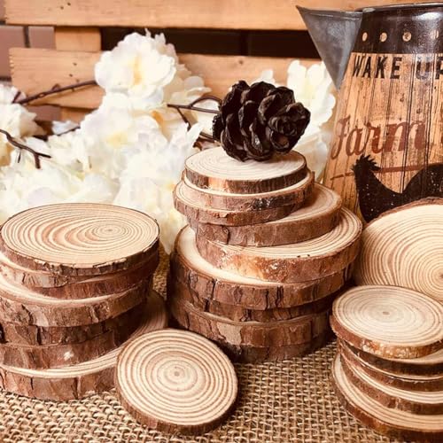 30pcs Wood Slices, BetterJonny 2.36-2.75 inch Undrilled Wooden Circles Predrilled with Hole Natural Wood Ornaments with 10 Meters Jute Rope for Arts DIY Craft - size: 30 Pcs (2.36-2.75 inch)