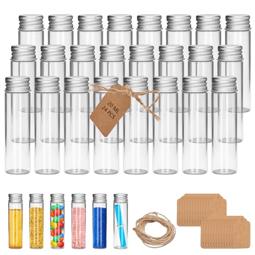24Pcs 0.84"X3.18"Small Glass Mini Jars with Metal Lids Message Bottle Terrarium Jar Tiny Wishing Bottles miniature Sand Art Bottles Sample for DIY Crafts (24, 20ML) - size: 20ML