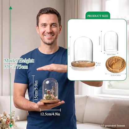 ZEERSHEE Cloche Glass Dome with Wooden Base, 5.5" x 3.9" Display Case | Clear Glass Cover, Stable Wood Base, Perfect for Flowers, Crafts, Candles & Collectibles